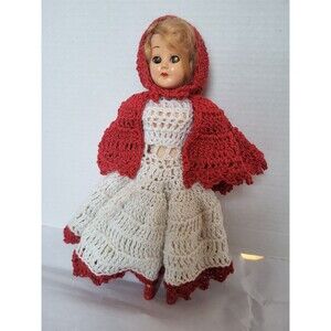 Vintage 8" Plastic Doll Sleepy Eyes Crochet Little Red Riding Hood Cape Dress